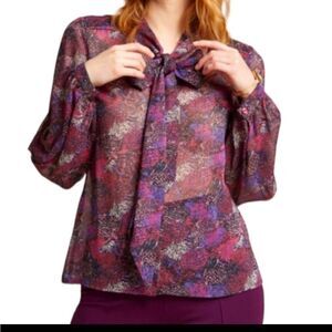 ModCloth‎ Blouse Purple  Bow Sheer Long Sleeve Shirt Size Small
